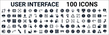 100 glif kullanıcı arayüzü web simgesi seti. Önümüzde kıvrımlı yol, bağlı bulut, fare tuşu, eğri sol ok, yenile düğmesi, döngü oku, genişlet düğmesi, bükülme gibi simgeler var. vektör