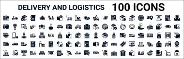 100 adet glyph dağıtım seti ve lojistik web simgesi. Scooter, paket, teslimat günü, küresel lojistik, posta kutusu, teslimat, paket, ulaşım gibi ikonlar dolduruldu. vektör illüstrasyonu