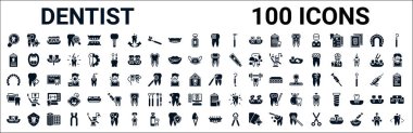 100 tane glyph dişçi web ikonu seti. nefes, tıbbi randevu, diş dolgusu, dil teli, kazıma, diş dosyası, tıbbi reçete, diş protezi gibi ikonlar. vektör illüstrasyonu