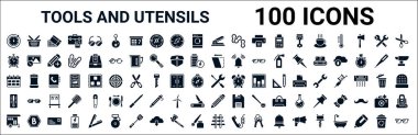 100 adet kabartma aleti ve çatal bıçak ağı simgesi seti. boş alışveriş sepeti, saatler, makas, altı günlük takvim, onarım, cıva termometre derecesi, kalem aleti, asılı merdiven gibi ikonlar.