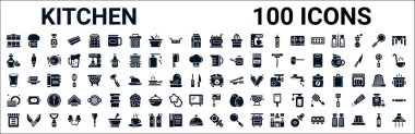 100 adet kabartma ağ ikonu seti. Bira, zeytinyağı, ölçü kabı, bardak, tost makinesi, tabak, mikser, şişe açacağı gibi ikonlar dolduruldu. vektör illüstrasyonu