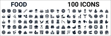 100 kabartma gıda ikonu seti. Luosifen, baharatlı yiyecek, sağlıklı yiyecek, kutlama pastası, yem, üçgen pizza dilimi, hamburger ve içecek, sardalya gibi ikonlar. vektör illüstrasyonu