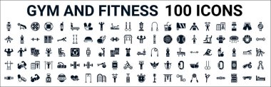 100 tane glyph spor salonu ve fitness web ikonu seti. Basın için simülatör, egzersiz halteri, vücut geliştirici, bel kemeri, kürek çekme makinesi, ağırlık kaldırma halteri, büyük kronometre gibi ikonlar.