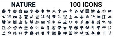 100 kabartma doğa ikonu seti. Kağıt huş ağacı, günbatımı Fuji dağı, tohum ekme, doğa, dağlar ve düşen kar taneleri, palmiye adaları, meşe ağacı, gövde gibi ikonlar. vektör illüstrasyonu
