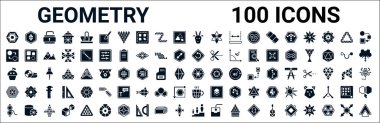 100 adet geometri simgesi seti. Sekizgen, değişim, geri alma, temel, çokgen altıgen, sekizgen, çokgen kahve fincanı, lider gibi ikonlar. vektör illüstrasyonu