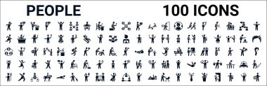 100 kabartma insan ağ simgesi. Yen hakkında konuşan iş adamı, kız koşusu, dikey ilişki, fizyoterapi, adam kızgın, banyoda oturan adam, telefon yardımı gibi ikonlar. vektör