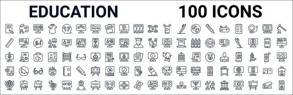 набор значков линий образования. Например, диплом, рулер, знания, веб-камера, информация, pdf, лазер, онлайн-класс. векторная иллюстрация