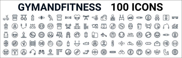 outline set of gymandfitness line icons. linear vector icons such as protein,isotonic,sport wear,sleeveless,mat,fitness tracker,rope,roller. vector illustration