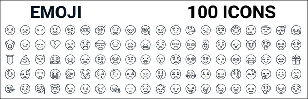 Emoji çizgi simgelerinin ana hatları. Açık ağız emojisi, kovboy şapkası emojisi, şüpheli emoji, dil emojisi, susturma emojisi, inju emojisi, zengin emoji, aşk emojisi gibi doğrusal vektör simgeleri. vektör
