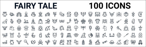 набор иконок сказочных линий. Такие векторы, как химера, циндерелла, циклоп, тор, говорящее дерево, фанфара, цербер, антагонист. векторная иллюстрация