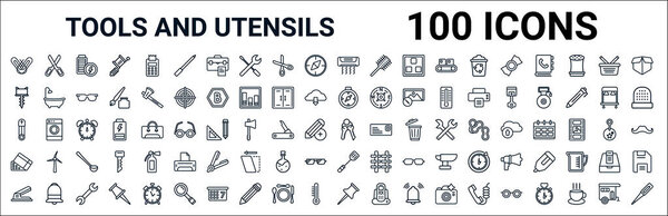 outline set of tools and utensils line icons. linear vector icons such as scissors inverted view,auger,cardinal,perdible pin,key ring with two keys,chocolate box,kitchen tools,tack save button.