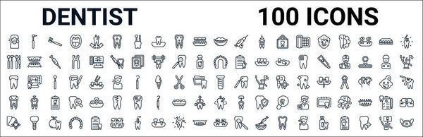 набор иконок линии стоматолога. линейные векторные иконки, такие как дрель стоматолога инструмент, стоматологические инструменты, челюсть, отверстие зуба, имплантат крепления, заполнение зубов, отбеливание зубов, зубной налет. векторная иллюстрация