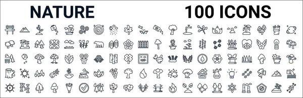 Schets Set Van Natuur Lijn Pictogrammen Lineaire Vectoriconen Zoals Heuvel — Stockvector