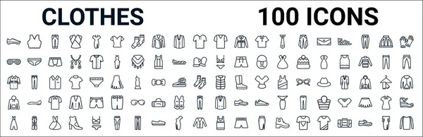 Dış hatlar çizili ikonlar. lineer vektör simgeleri, sütyen, deklanşör güneş gözlüğü, iç çamaşırı seti, kot gömlek, koruyucu yelek, sweatshirt, blazer, kolsuz bluz gibi. vektör illüstrasyonu