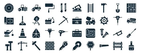 Set Filled Construction Web Icons Glyph Style Steamroller Construction Plan —  Vetores de Stock