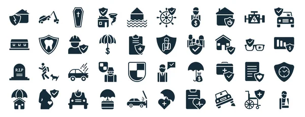Set Filled Insurance Web Icons Glyph Style Towed Car Funeral — Vetor de Stock