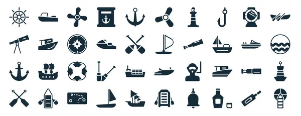 Set Filled Nautical Web Icons Glyph Style Motorboat Boat Telescope —  Vetores de Stock