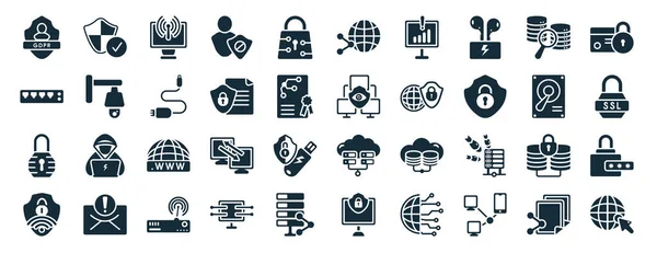 Set Filled Internet Security Web Icons Glyph Style Protected Hub —  Vetores de Stock