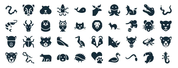Set Filled Animals Web Icons Glyph Style Cougar Prawn Alpaca — Vettoriale Stock