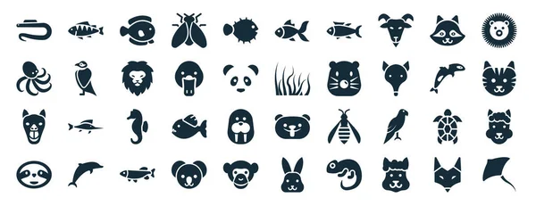 Set Filled Animals Web Icons Glyph Style Perch Octopus Camel — Vettoriale Stock