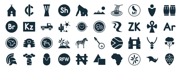 Set Filled Africa Web Icons Glyph Style Cedi Ethiopian Birr — 스톡 벡터