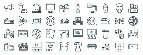 Set Flat Cinema Web Icons Line Style Cameraman Movie Projector — Vettoriale Stock