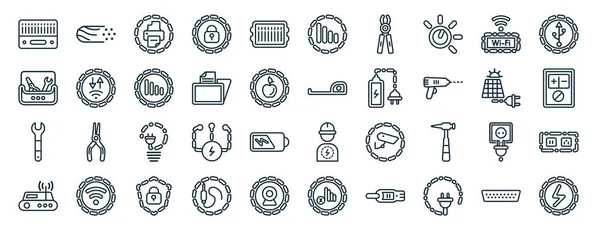 Set Flat Electrian Connections Web Icons Line Style Wire Toolbox — Stock Vector