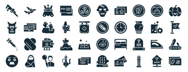 set of 40 filled other web icons in glyph style such as branch bat, japanese demon, null, scared smile, labaratory, pirate pumpkin, null icons isolated on white background