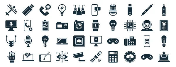 Set Filled Technology Web Icons Glyph Style Green Flash Recording — Stock vektor