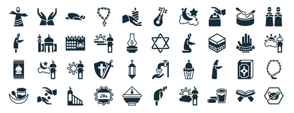 set of 40 filled religion web icons in glyph style such as muslim praying hands, muslim man praying, islamic praying carpet, fasting, haram, islamic friday prayer, oud icons isolated on white