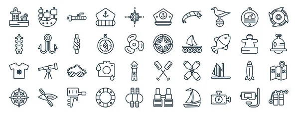 Set Flat Nautical Web Icons Line Style Old Galleon Long —  Vetores de Stock