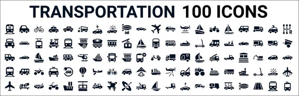 100 adet glyph taşıma ağı simgesi seti. Çöp arabası, off-road, tek raylı, külüstür, vespa, metro, kargo gemisi, yelkenli gibi ikonlar dolduruldu. vektör illüstrasyonu