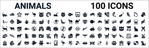 Conjunto 100 Animales Del Glifo Iconos Web Iconos Llenos Como — Archivo Imágenes Vectoriales