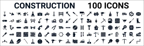 Conjunto 100 Iconos Web Construcción Glifos Iconos Llenos Como Rascador — Vector de stock