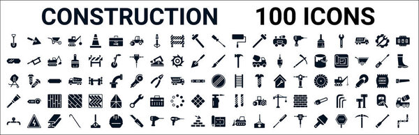 set of 100 glyph construction web icons. filled icons such as scraper,safety glasses,paint brush,cement mixers,stopping,scratcher tool,blowtorch,construction plan. vector illustration