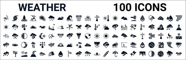 Conjunto 100 Iconos Web Clima Glifo Iconos Llenos Como Tormenta — Vector de stock