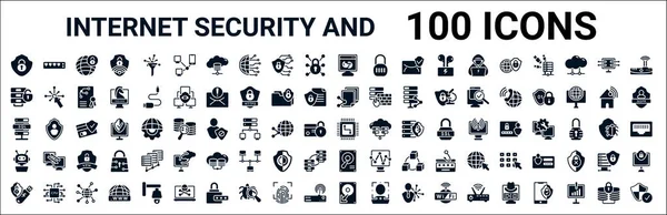 Conjunto 100 Glifo Seguridad Internet Los Iconos Web Iconos Llenos — Vector de stock