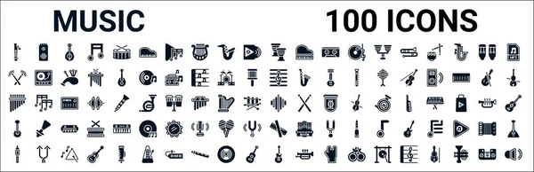 Conjunto 100 Iconos Web Música Glifo Iconos Llenos Como Amplificador — Archivo Imágenes Vectoriales