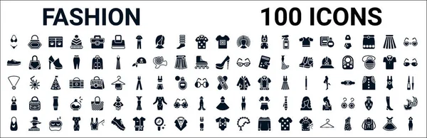 Conjunto 100 Iconos Web Moda Glifo Iconos Llenos Como Bolso — Vector de stock