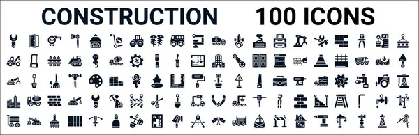 Conjunto 100 Iconos Web Construcción Glifos Iconos Llenos Como Puertas — Vector de stock