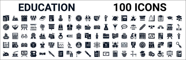 набор из 100 знаков образования веб-икон. заполненные иконы, такие как библиотечные книги, не является элементом, книга с закладкой, обеденная коробка, выпускной колледж, abcus, фотон, книга с маркером. векторная иллюстрация