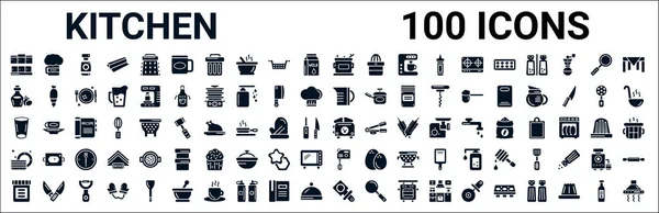 Набор 100 Знаков Кухонной Паутины Икон Наполненные Иконы Такие Пиво — стоковый вектор