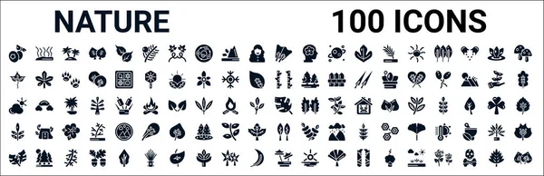 Set Van 100 Glyph Natuur Web Iconen Gevulde Pictogrammen Zoals — Stockvector