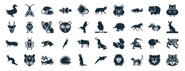Set Filled Animals Web Icons Glyph Style Moth Gazelle Mongoose — Stock Vector