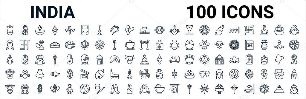 outline set of india line icons. linear vector icons such as peacock,woman,india mother,saraswati,devi,vishnu,ugadi,curry. vector illustration