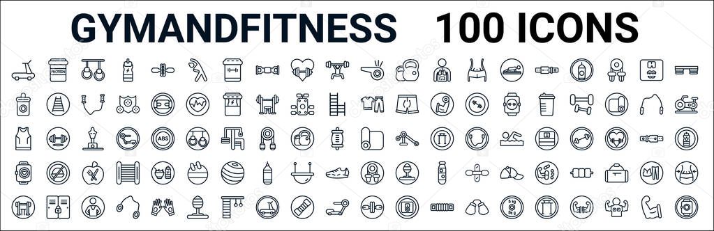 outline set of gymandfitness line icons. linear vector icons such as protein,isotonic,sport wear,sleeveless,mat,fitness tracker,rope,roller. vector illustration