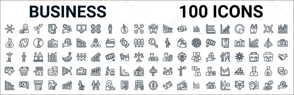 outline set of business line icons. linear vector icons such as woman with dollar circle,pounds money bag,euro under magnifier,man success,man with case with dollar,cit card and ticket,woman dollar