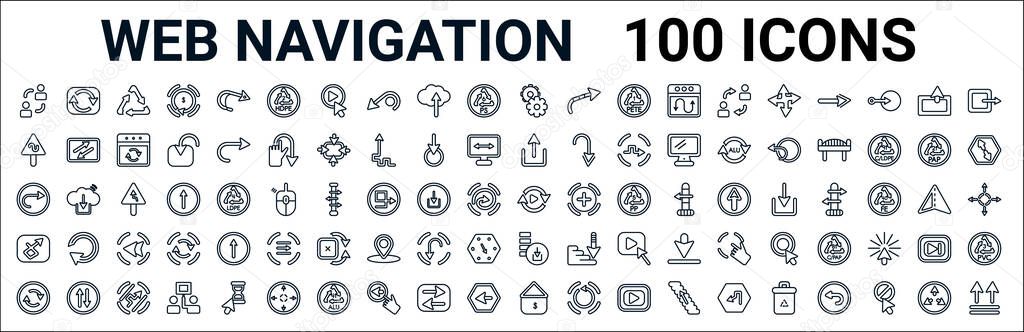 outline set of web navigation line icons. linear vector icons such as pause,telephone call,volume,go,navigator,bookmark,add user,mic. vector illustration