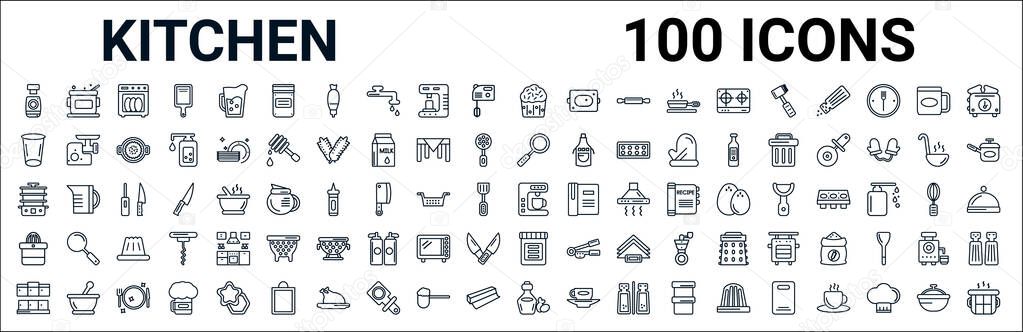 outline set of kitchen line icons. linear vector icons such as pot,glass,frying pan,steamer,coffee maker,squeezer,conserve,olive oil. vector illustration