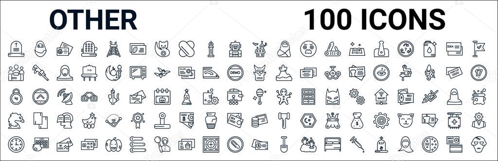 outline set of other line icons. linear vector icons such as arabian woman,limited liability,japanese demon,kilograms,baby's rattle,arab horse,money card,black abstract business card. vector